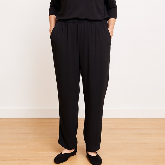 Eileen Fisher 100% Silk Black Pull On Pants Size Large - Picture 1 of 5